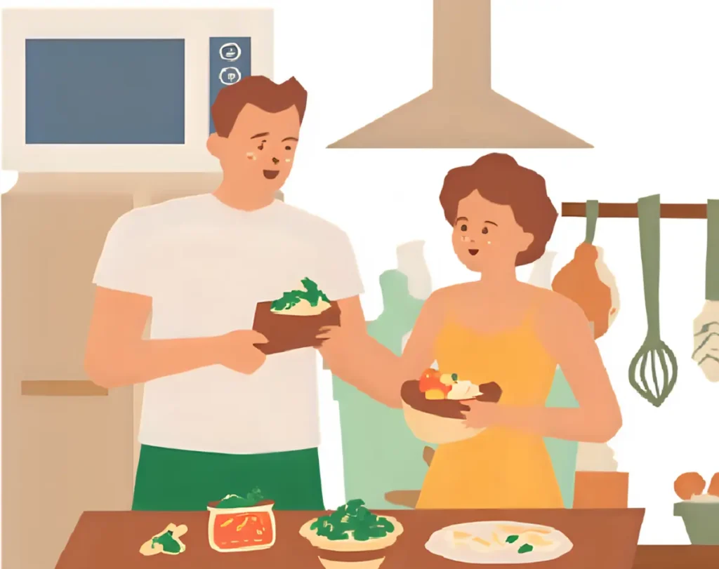 夫婦で楽しく、健康に気をつけながら食事している風景