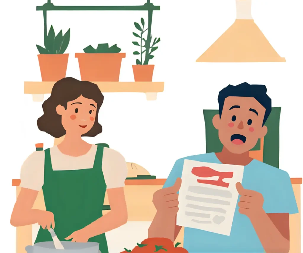 健康診断の結果を妻に報告している40代男性