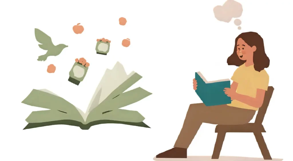 一人でも楽しめる趣味読書をリビングで楽しんでいる40代女性