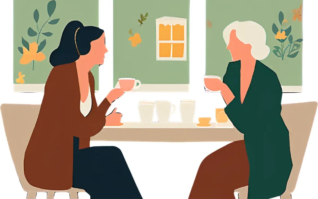 新しく友達ができて、カフェでお茶している40代女性