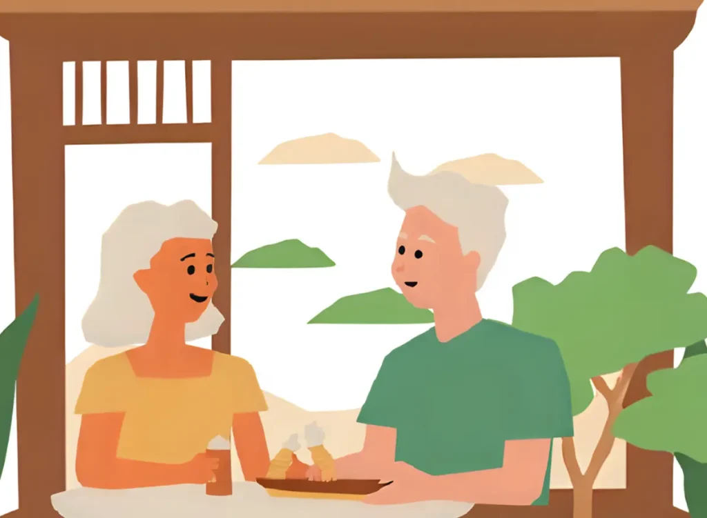 地元の郷土料理を楽しんでいる40代夫婦
