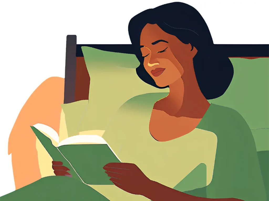 不眠が続き、寝る前のスマホをやめて読書をしている40代女性
