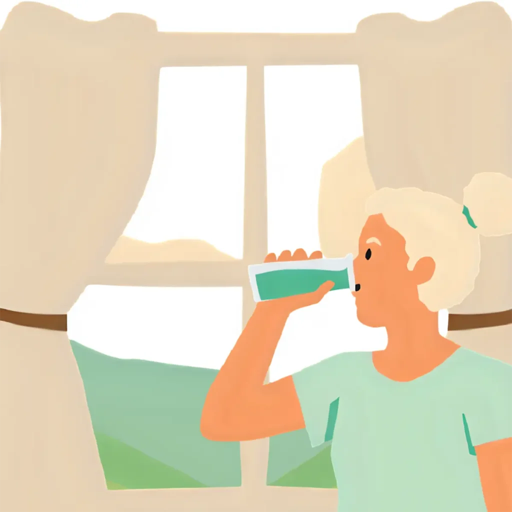 朝、コップ一杯の水を飲んで気分を高めている40代女性