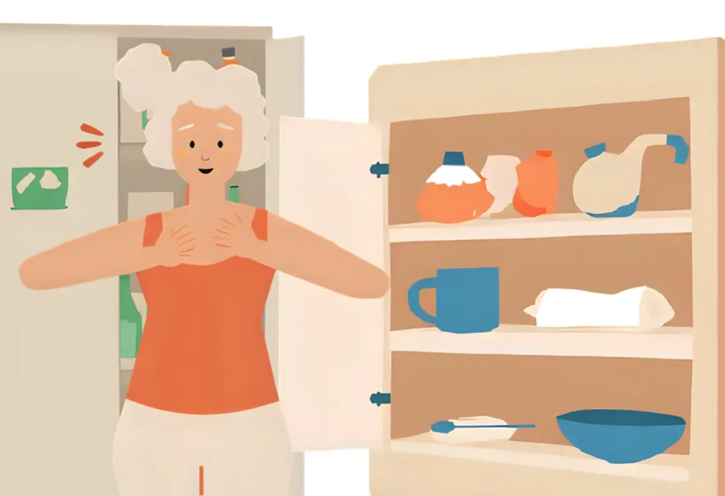 ローリングストック法でキッチンを整理している40代女性