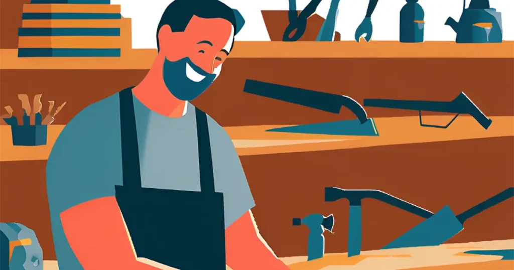 40代男性が、工具を使ってdiyしているところ。