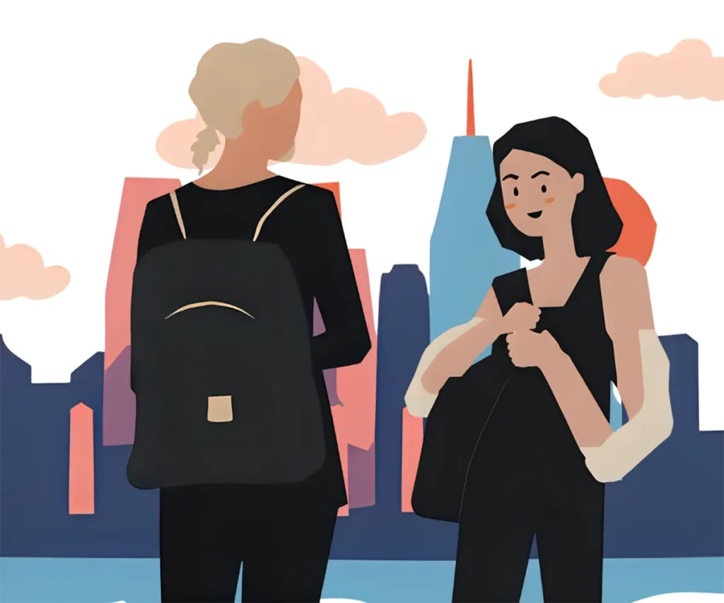おしゃれな着こなしに、リュックを合わせているハイセンスな持ち主の40代女性たち